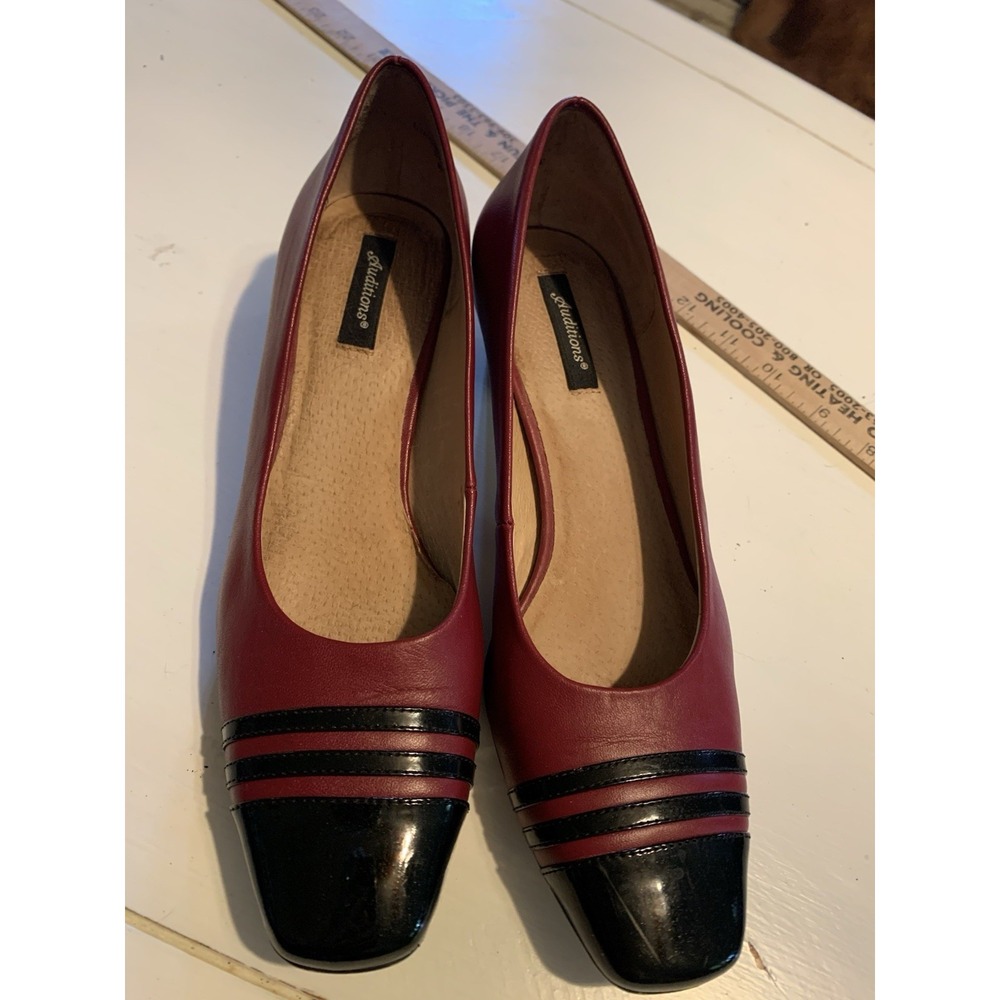 Auditions Vintage Leather Burgundy Black Cap Toe Womens Classic Retro Pumps 8.5N
